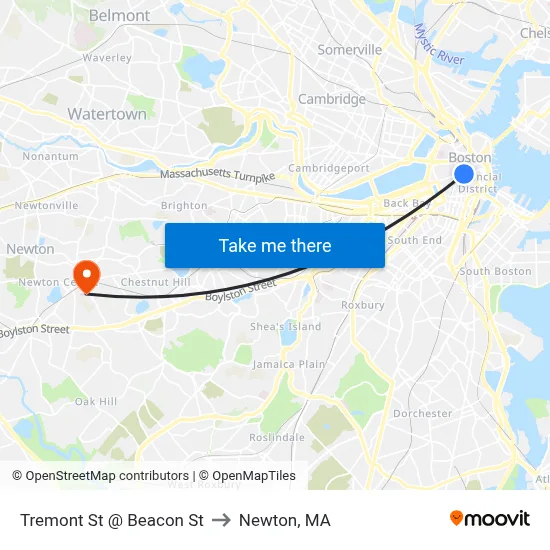 Tremont St @ Beacon St to Newton, MA map