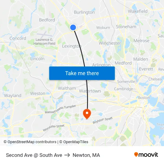 Second Ave @ South Ave to Newton, MA map