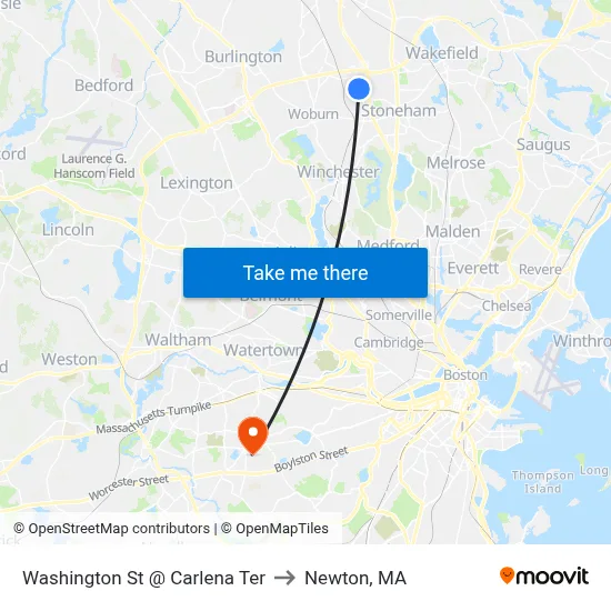 Washington St @ Carlena Ter to Newton, MA map