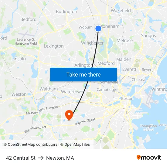 42 Central St to Newton, MA map