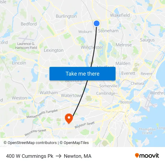 400 W Cummings Pk to Newton, MA map