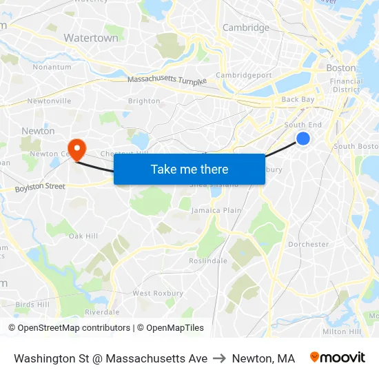 Washington St @ Massachusetts Ave to Newton, MA map