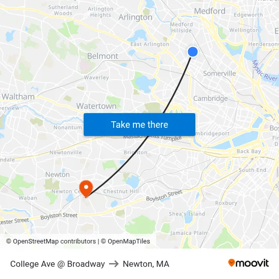 College Ave @ Broadway to Newton, MA map