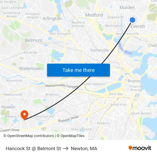 Hancock St @ Belmont St to Newton, MA map