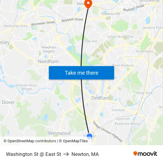 Washington St @ East St to Newton, MA map