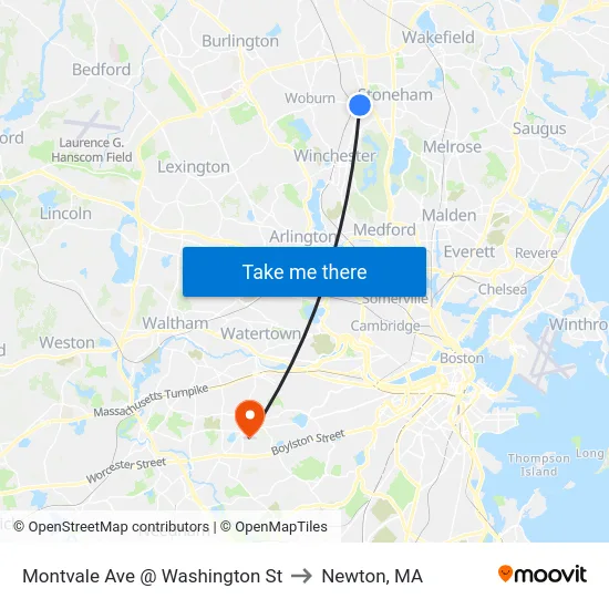Montvale Ave @ Washington St to Newton, MA map