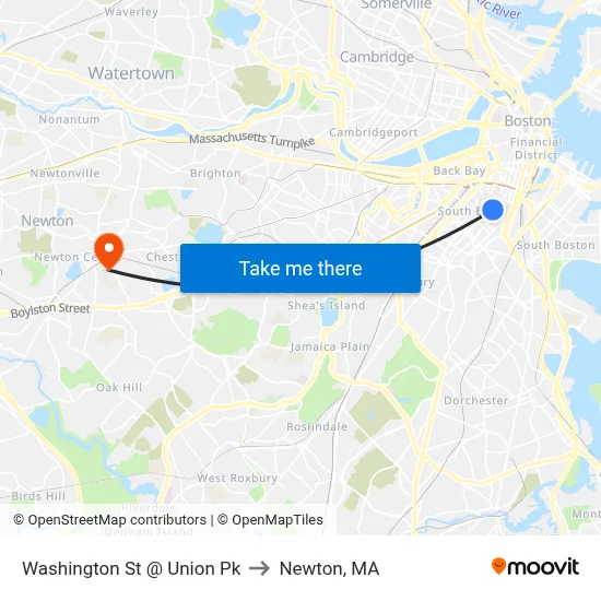 Washington St @ Union Pk to Newton, MA map