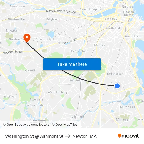Washington St @ Ashmont St to Newton, MA map