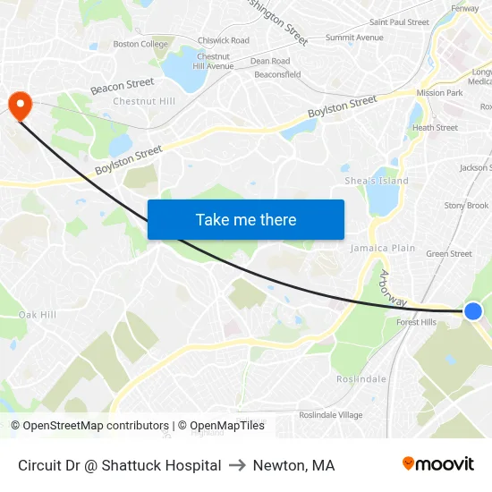 Circuit Dr @ Shattuck Hospital to Newton, MA map