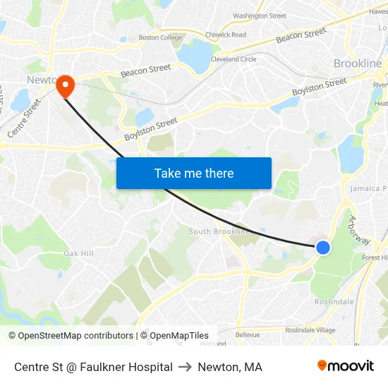 Centre St @ Faulkner Hospital to Newton, MA map