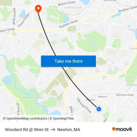 Woodard Rd @ Wren St to Newton, MA map