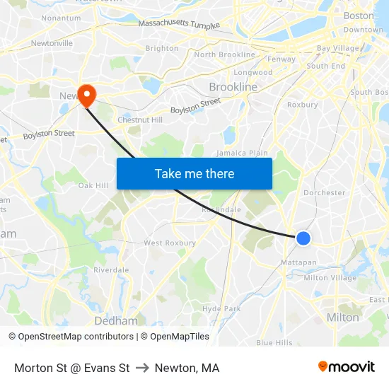 Morton St @ Evans St to Newton, MA map