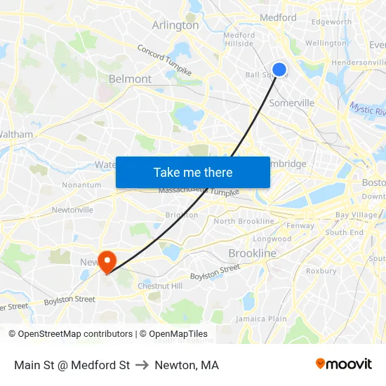 Main St @ Medford St to Newton, MA map