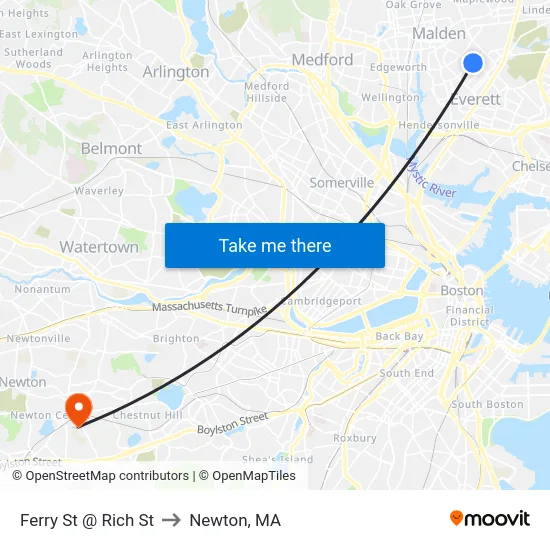 Ferry St @ Rich St to Newton, MA map