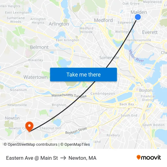 Eastern Ave @ Main St to Newton, MA map