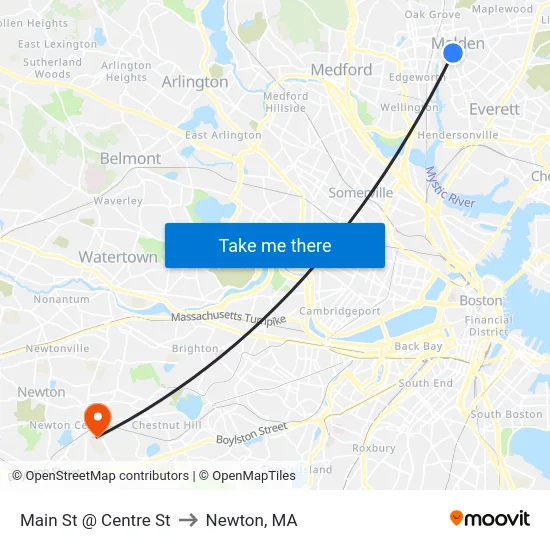 Main St @ Centre St to Newton, MA map