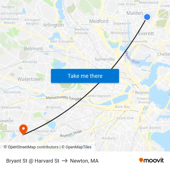 Bryant St @ Harvard St to Newton, MA map
