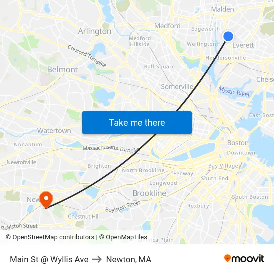 Main St @ Wyllis Ave to Newton, MA map
