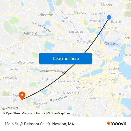 Main St @ Belmont St to Newton, MA map
