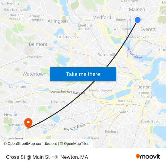 Cross St @ Main St to Newton, MA map
