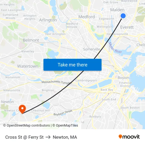Cross St @ Ferry St to Newton, MA map