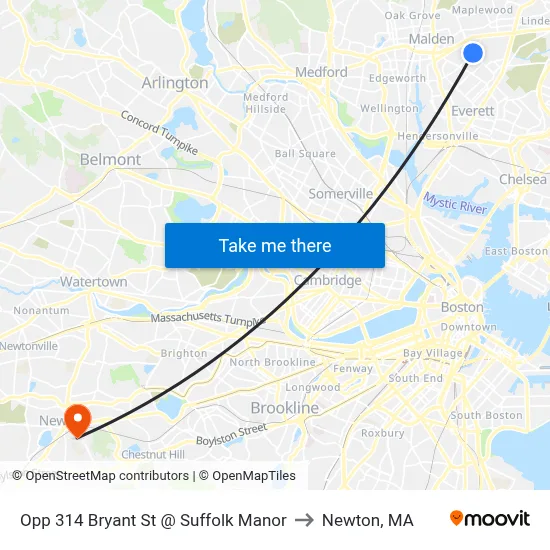Opp 314 Bryant St @ Suffolk Manor to Newton, MA map