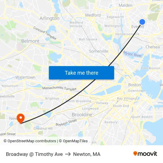 Broadway @ Timothy Ave to Newton, MA map