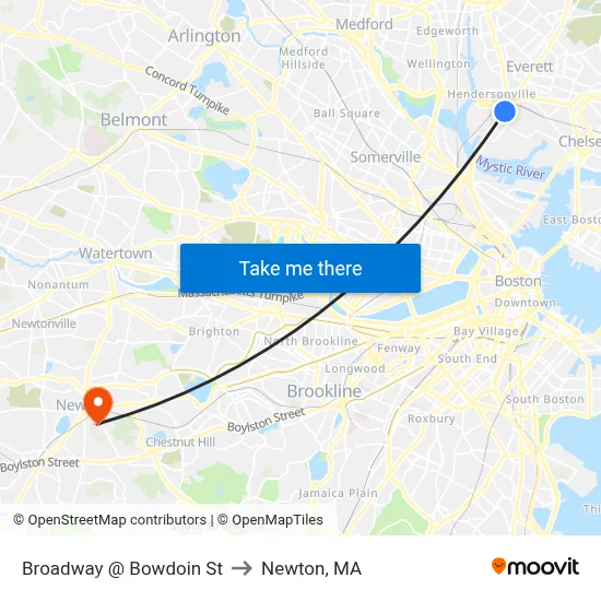 Broadway @ Bowdoin St to Newton, MA map