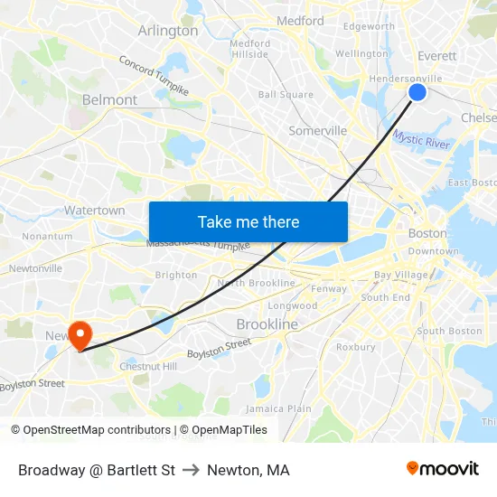 Broadway @ Bartlett St to Newton, MA map