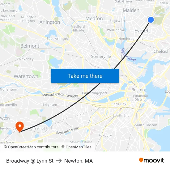 Broadway @ Lynn St to Newton, MA map