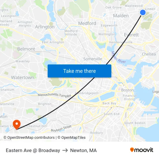 Eastern Ave @ Broadway to Newton, MA map