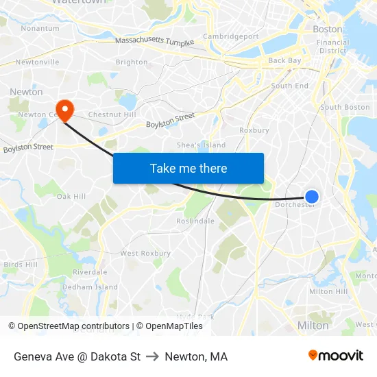 Geneva Ave @ Dakota St to Newton, MA map