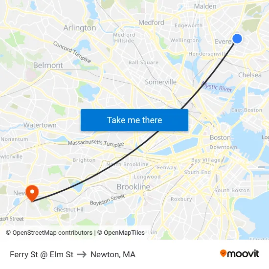 Ferry St @ Elm St to Newton, MA map