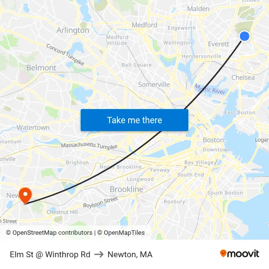 Elm St @ Winthrop Rd to Newton, MA map