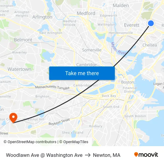 Woodlawn Ave @ Washington Ave to Newton, MA map