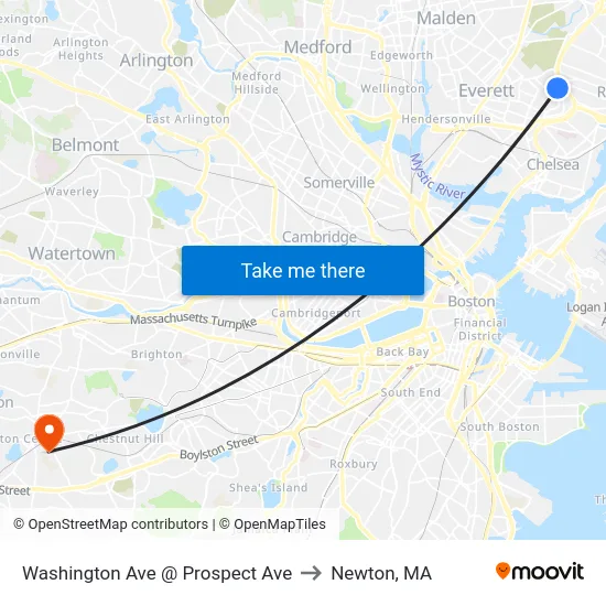Washington Ave @ Prospect Ave to Newton, MA map