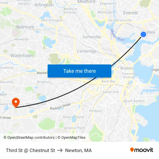Third St @ Chestnut St to Newton, MA map