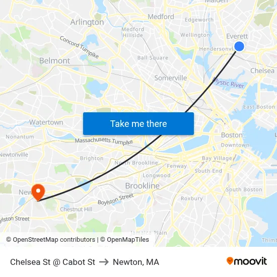 Chelsea St @ Cabot St to Newton, MA map