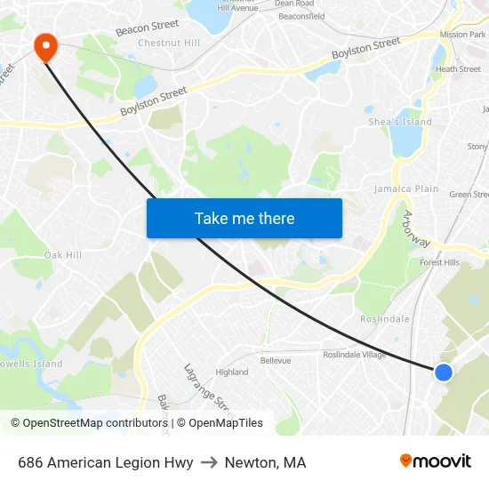 686 American Legion Hwy to Newton, MA map