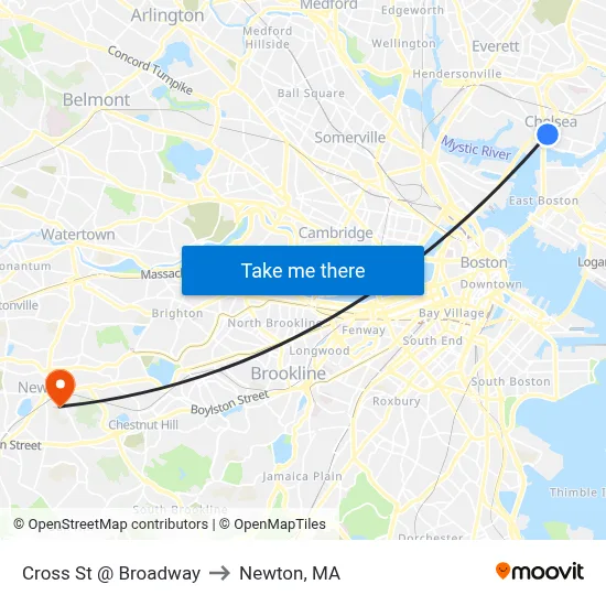 Cross St @ Broadway to Newton, MA map
