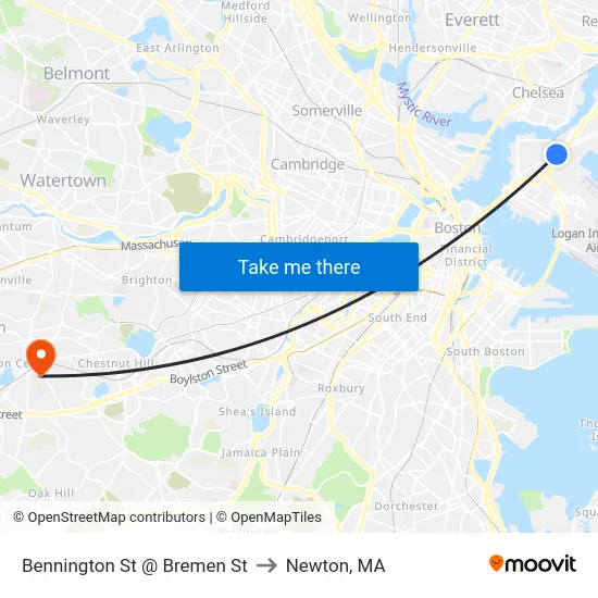Bennington St @ Bremen St to Newton, MA map