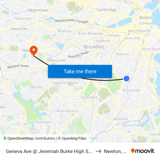 Geneva Ave @ Jeremiah Burke High School to Newton, MA map