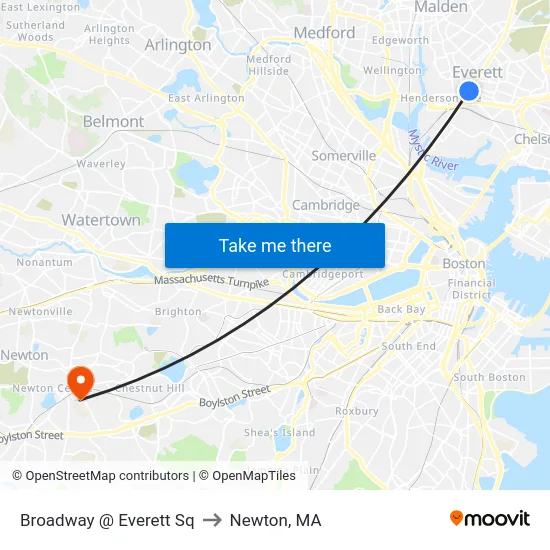 Broadway @ Everett Sq to Newton, MA map