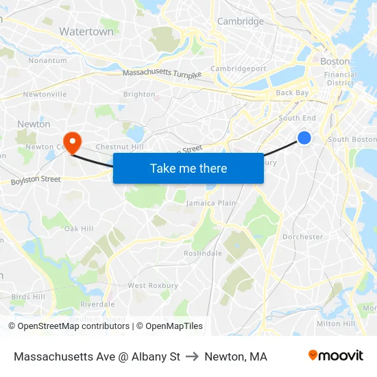 Massachusetts Ave @ Albany St to Newton, MA map