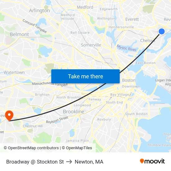 Broadway @ Stockton St to Newton, MA map