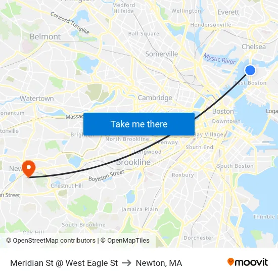 Meridian St @ West Eagle St to Newton, MA map