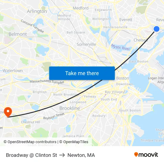 Broadway @ Clinton St to Newton, MA map