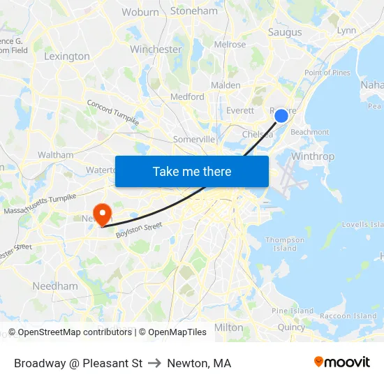 Broadway @ Pleasant St to Newton, MA map