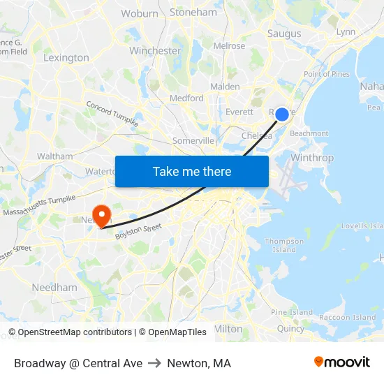 Broadway @ Central Ave to Newton, MA map