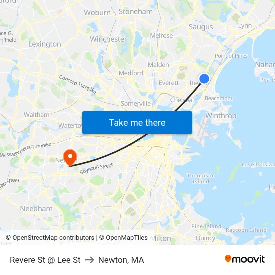 Revere St @ Lee St to Newton, MA map